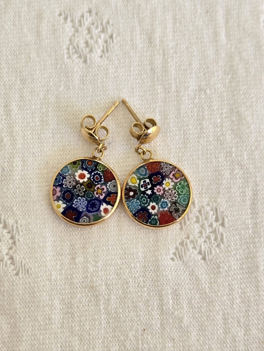 14K Yellow Gold Venetian Murano Italian Art Glass Dangle Earrings Hallmarked VTG